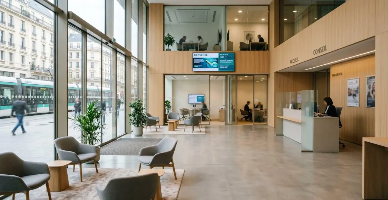 Intérieur d'une agence bancaire moderne en France avec espace d'accueil vide et design contemporain épuré