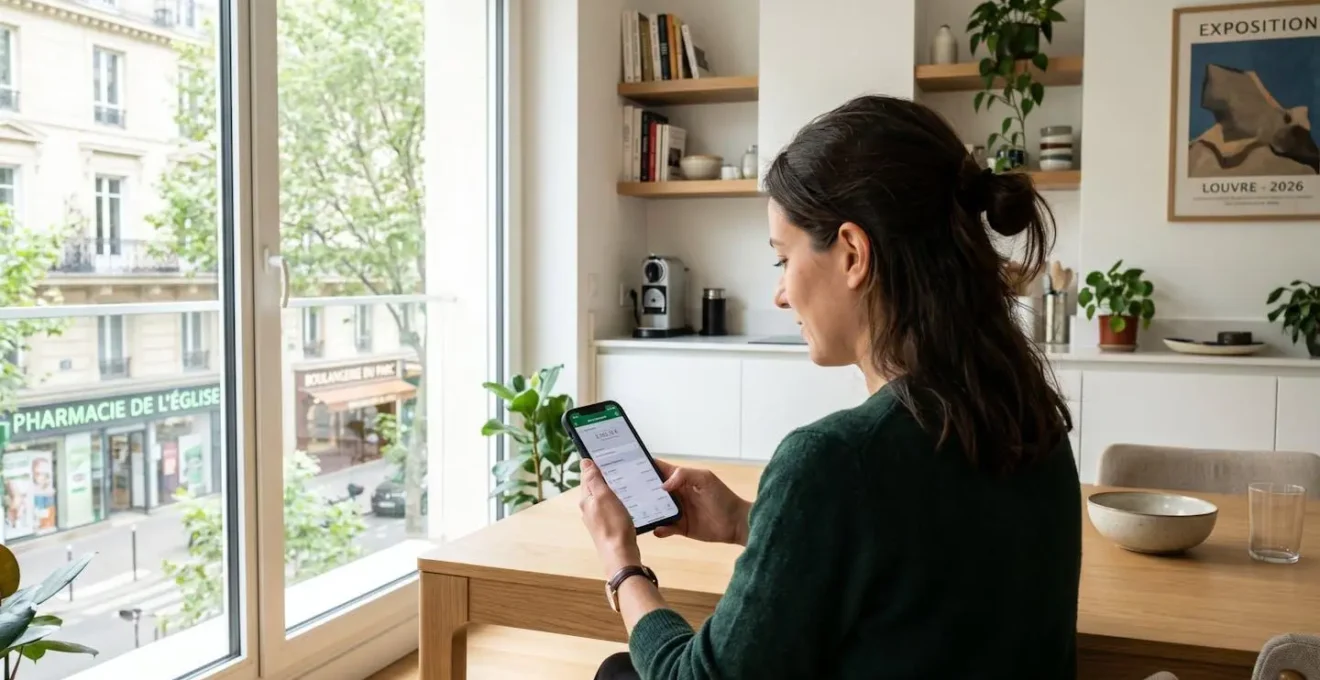 Jeune femme professionnelle consultant son application bancaire sur smartphone dans un salon moderne lumineux