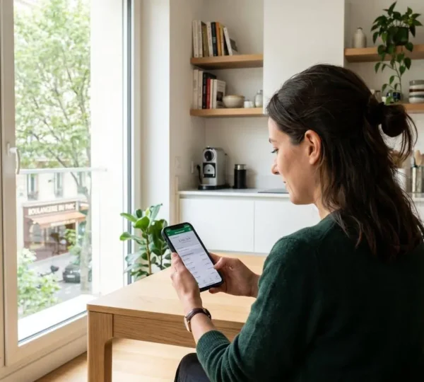 Jeune femme professionnelle consultant son application bancaire sur smartphone dans un salon moderne lumineux