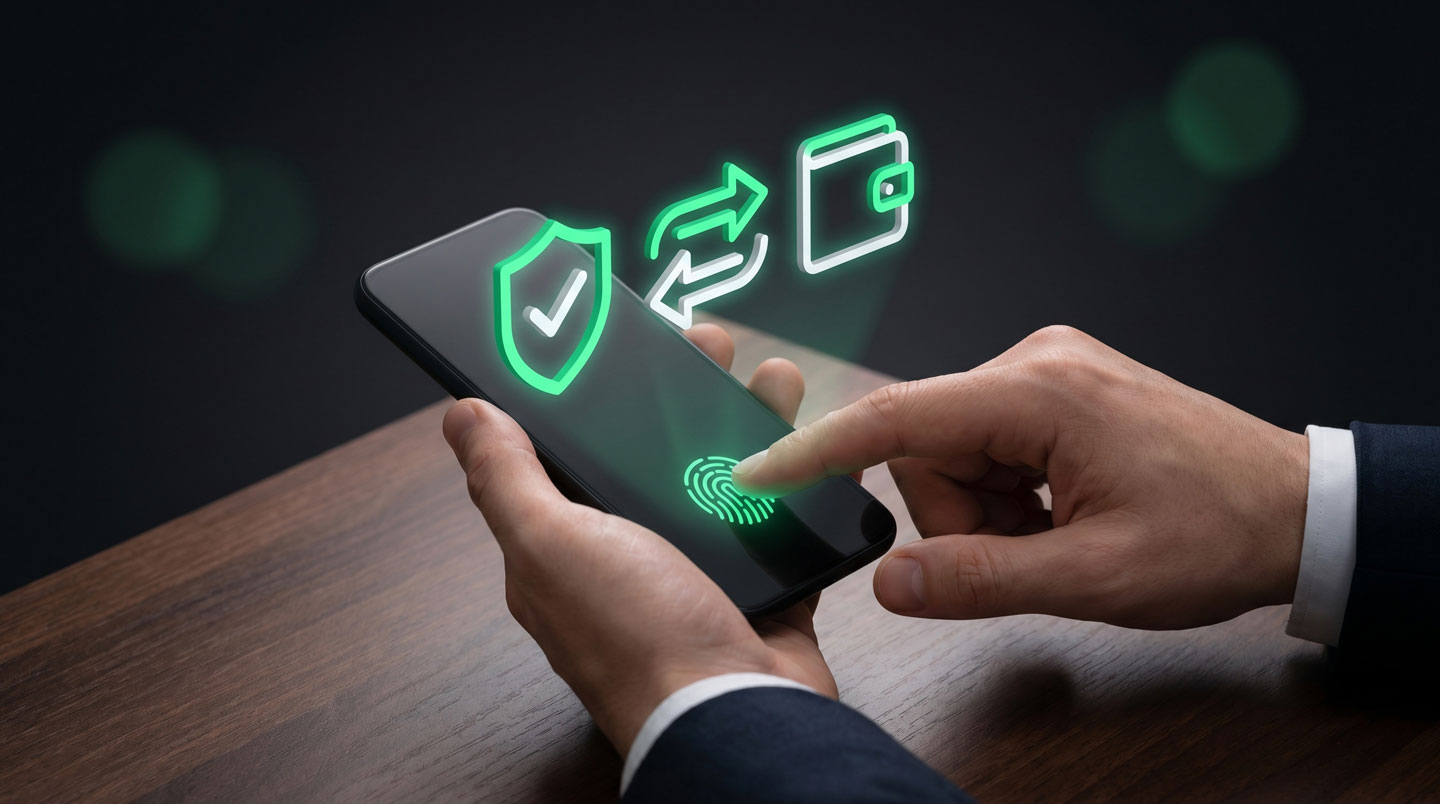 Gérant de PME validant un paiement sécurisé sur son téléphone avec authentification biométrique
