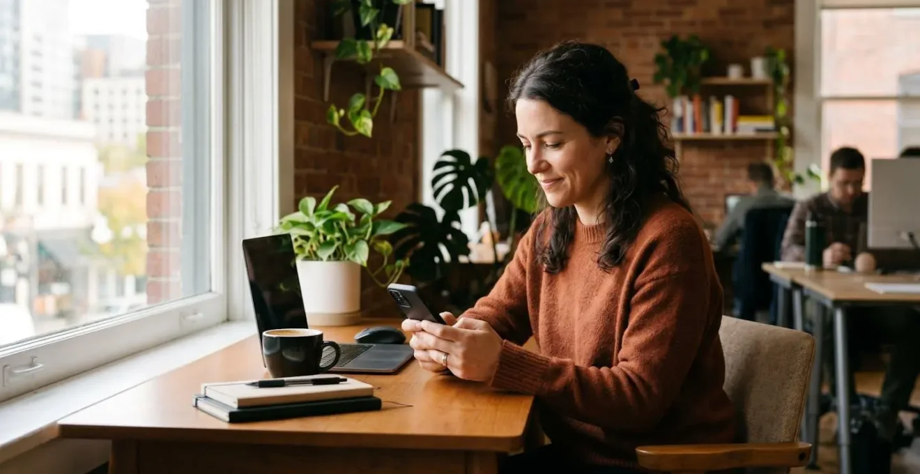 Dirigeant de TPE réalisant un virement depuis son smartphone assis à son bureau