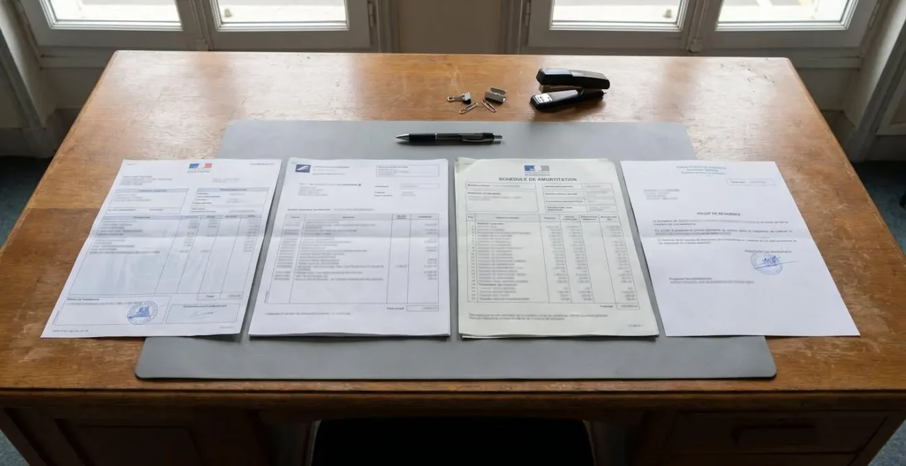 Documents administratifs français alignés sur un bureau : fiche de paie, relevés bancaires et tableaux d'amortissement.