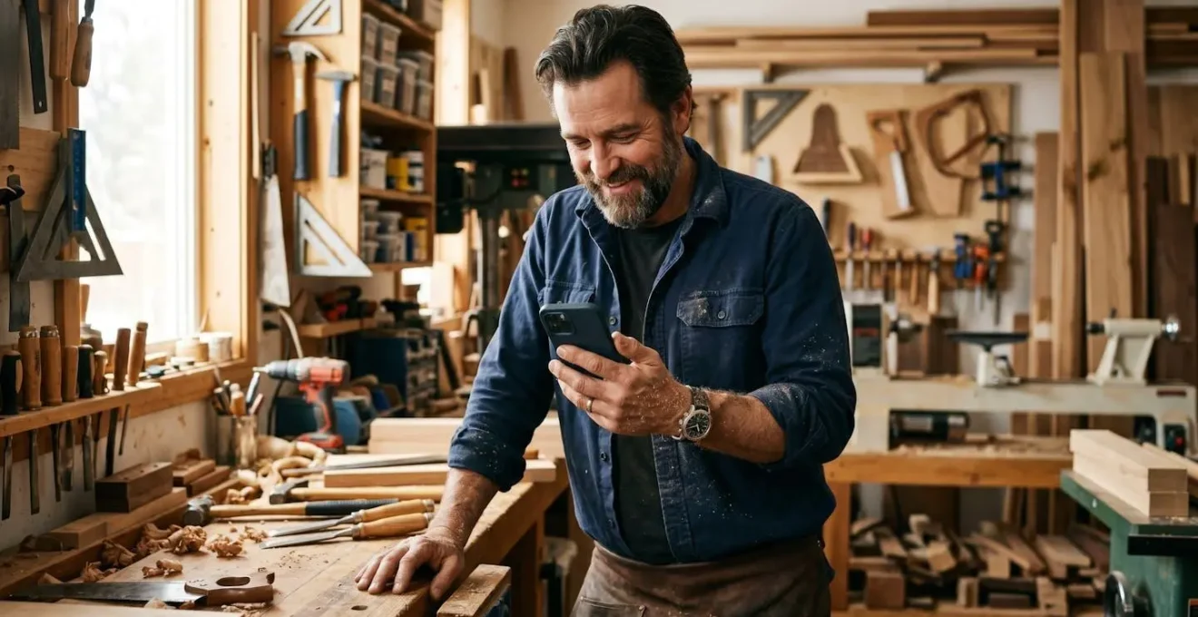 Entrepreneur consultant son compte professionnel sur smartphone dans son atelier