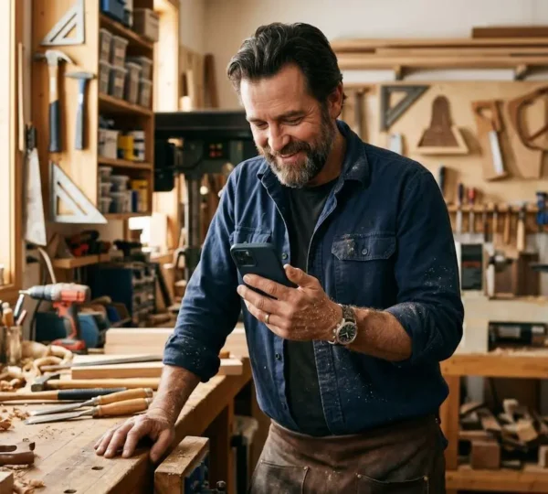 Entrepreneur consultant son compte professionnel sur smartphone dans son atelier