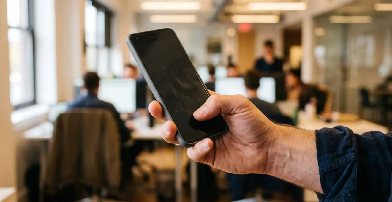 Gérant de PME validant un paiement sécurisé sur son téléphone avec authentification biométrique