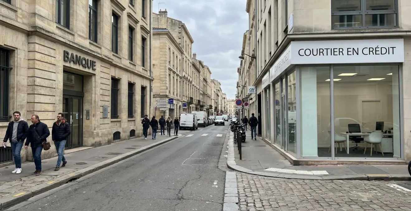Illustration isométrique montrant deux chemins parallèles : un menant à une banque, l'autre à un courtier, tous deux aboutissant au même contrat.