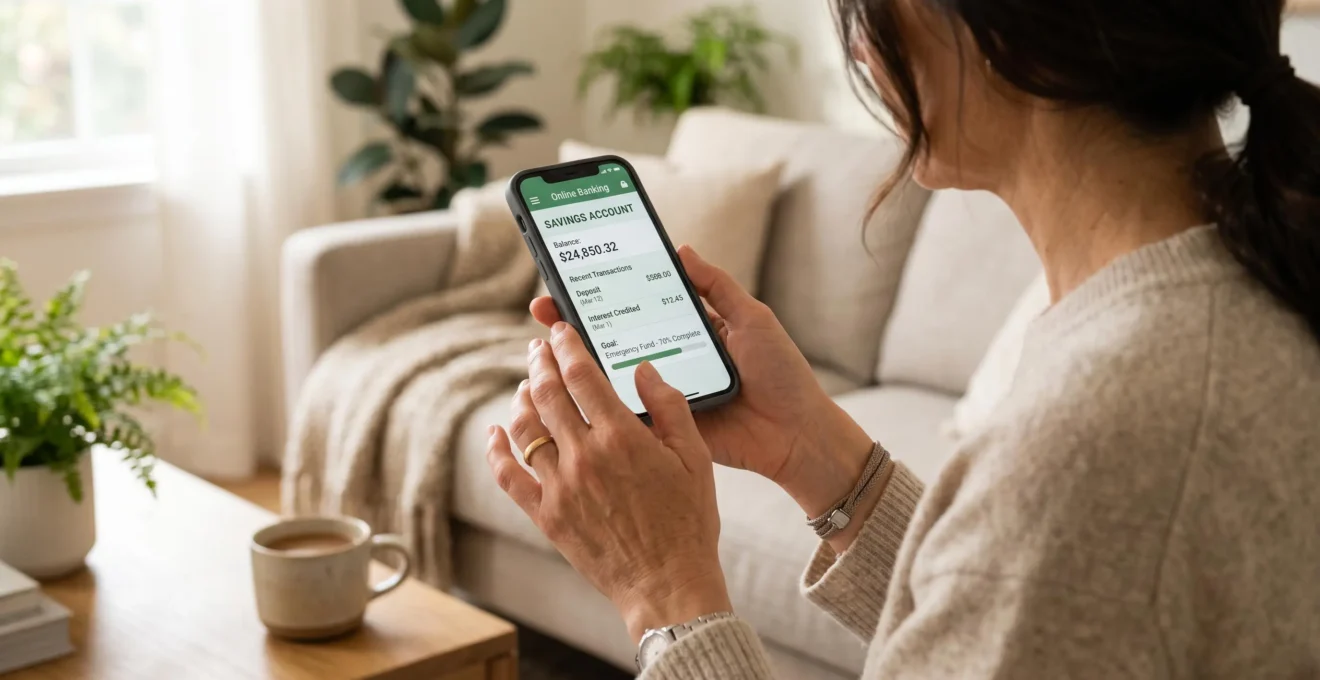 Une personne consulte son application bancaire sur smartphone pour vérifier son Livret A avant un changement d'établissement