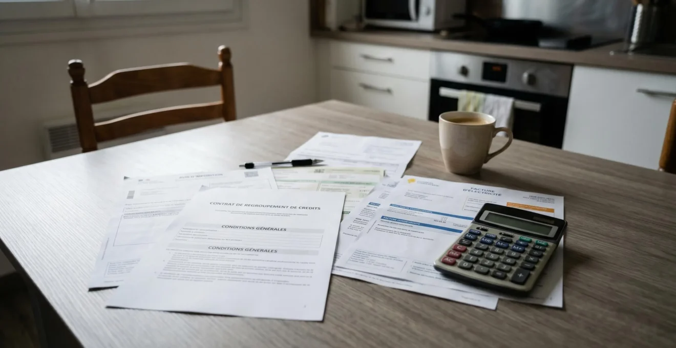 Plusieurs petites piles de pièces et billets euros rassemblées en une seule pile ordonnée au centre d'une table en bois, symbolisant le regroupement de crédits.