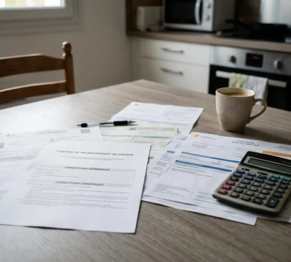Plusieurs petites piles de pièces et billets euros rassemblées en une seule pile ordonnée au centre d'une table en bois, symbolisant le regroupement de crédits.