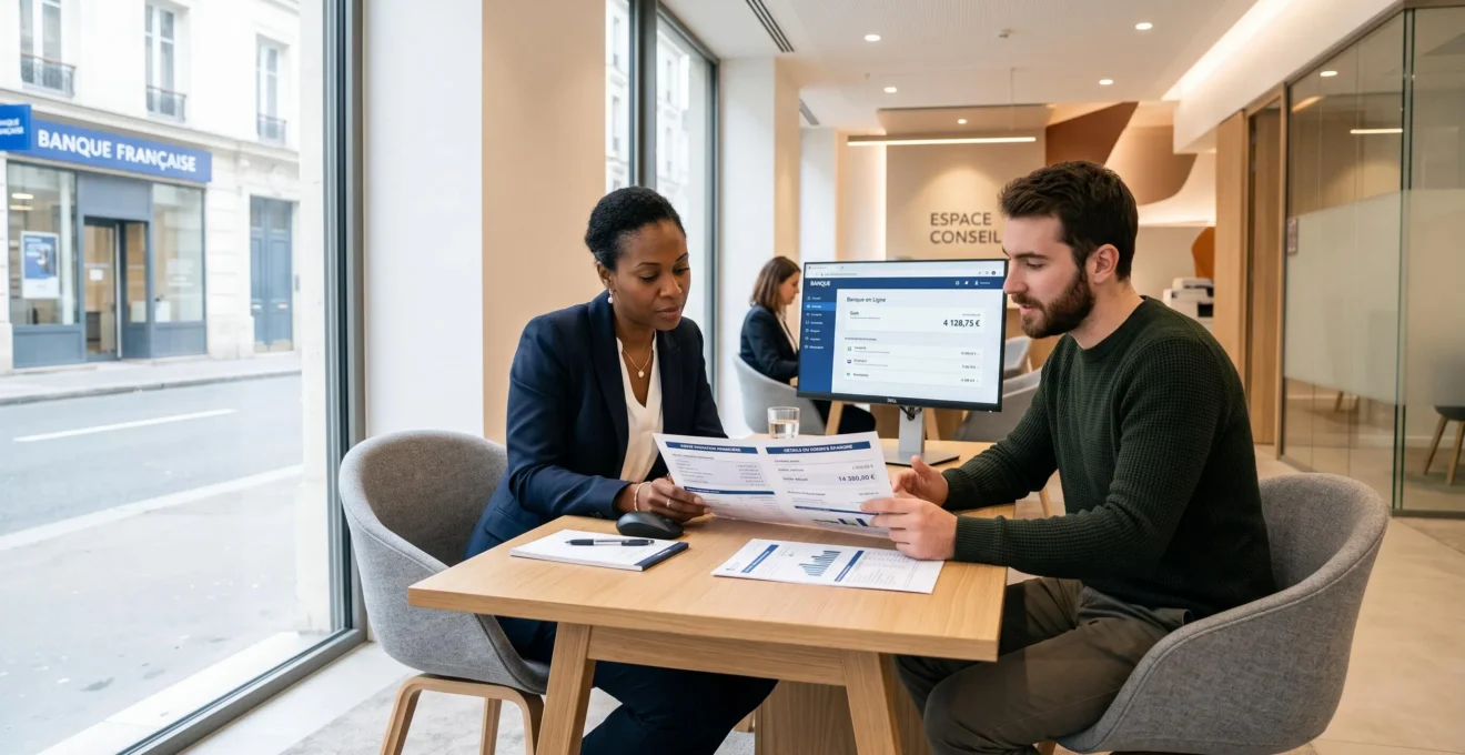 Conseiller bancaire français en entretien avec un client dans un espace de conseil d'agence moderne et lumineux, échangeant des documents sur un bureau avec écran d'ordinateur affichant une interface bancaire générique