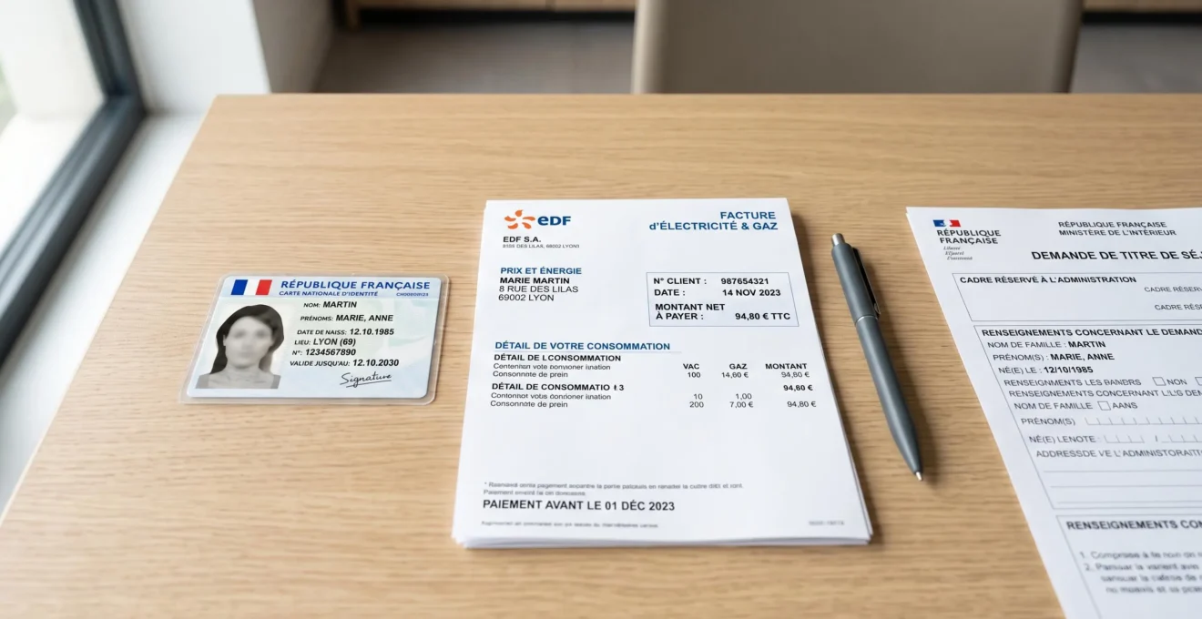 Documents administratifs français disposés sur un bureau : pièce d'identité, justificatif de domicile récent et formulaire, nécessaires pour une demande d'ouverture de compte bancaire