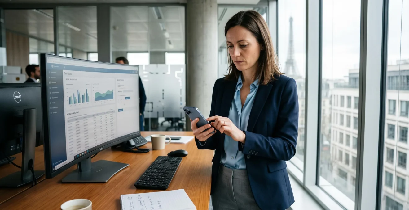 Assistant administratif assis à son bureau préparant un virement bancaire professionnel, consultant et signant des documents bancaires d'entreprise dans un espace de travail organisé