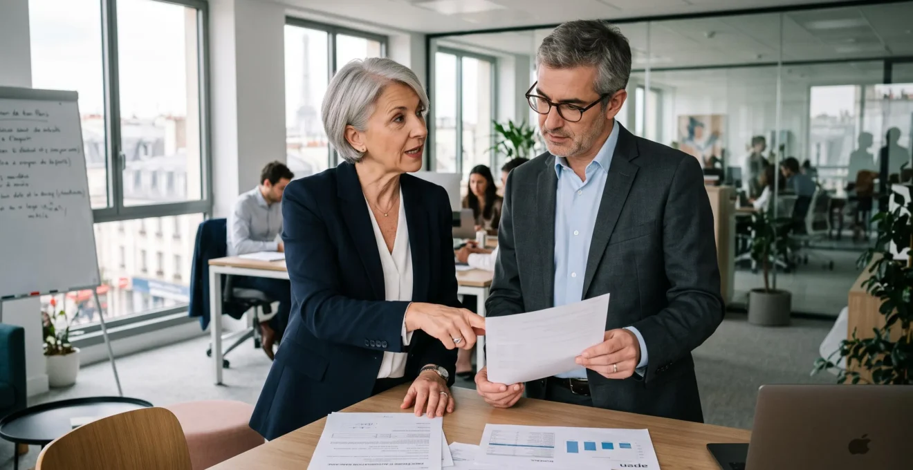 Dirigeant et directeur financier debout dans un bureau moderne français, discutant activement de procédures d'autorisation bancaire, interaction professionnelle montrant une collaboration sur une validation financière