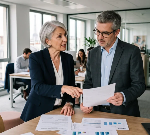 Dirigeant et directeur financier debout dans un bureau moderne français, discutant activement de procédures d'autorisation bancaire, interaction professionnelle montrant une collaboration sur une validation financière
