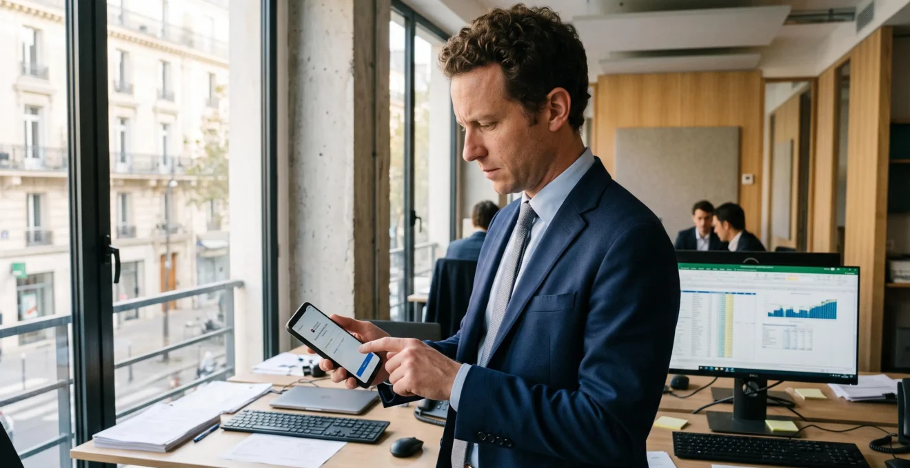 Professionnel financier debout dans un bureau contemporain vérifiant une transaction bancaire avec authentification à deux facteurs sur téléphone mobile, geste concentré de vérification de code de sécurité
