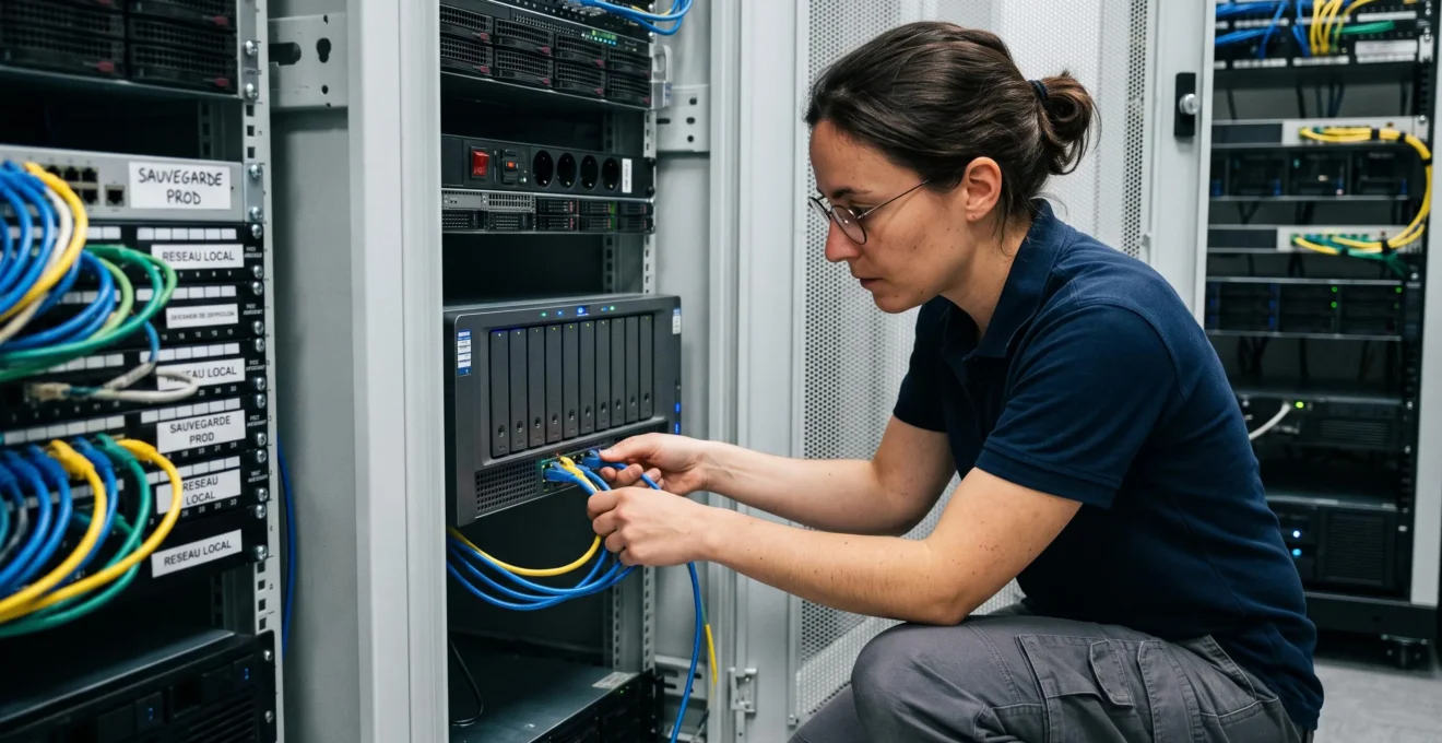 Technicienne IT installant un système de sauvegarde dans la salle serveur d'une entreprise française