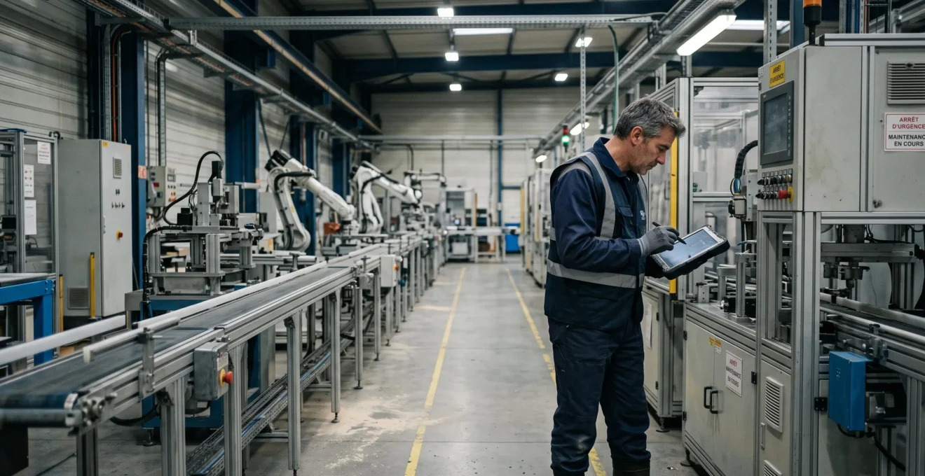Technicien inspectant une ligne de production à l'arrêt dans une installation industrielle française