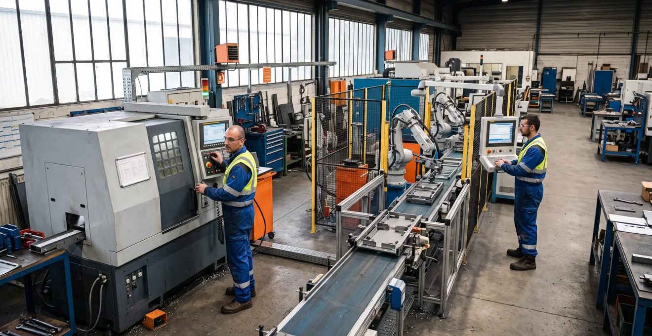 Opérateurs travaillant sur une ligne de production automatisée dans une usine française avec systèmes de contrôle numériques