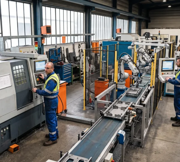 Opérateurs travaillant sur une ligne de production automatisée dans une usine française avec systèmes de contrôle numériques