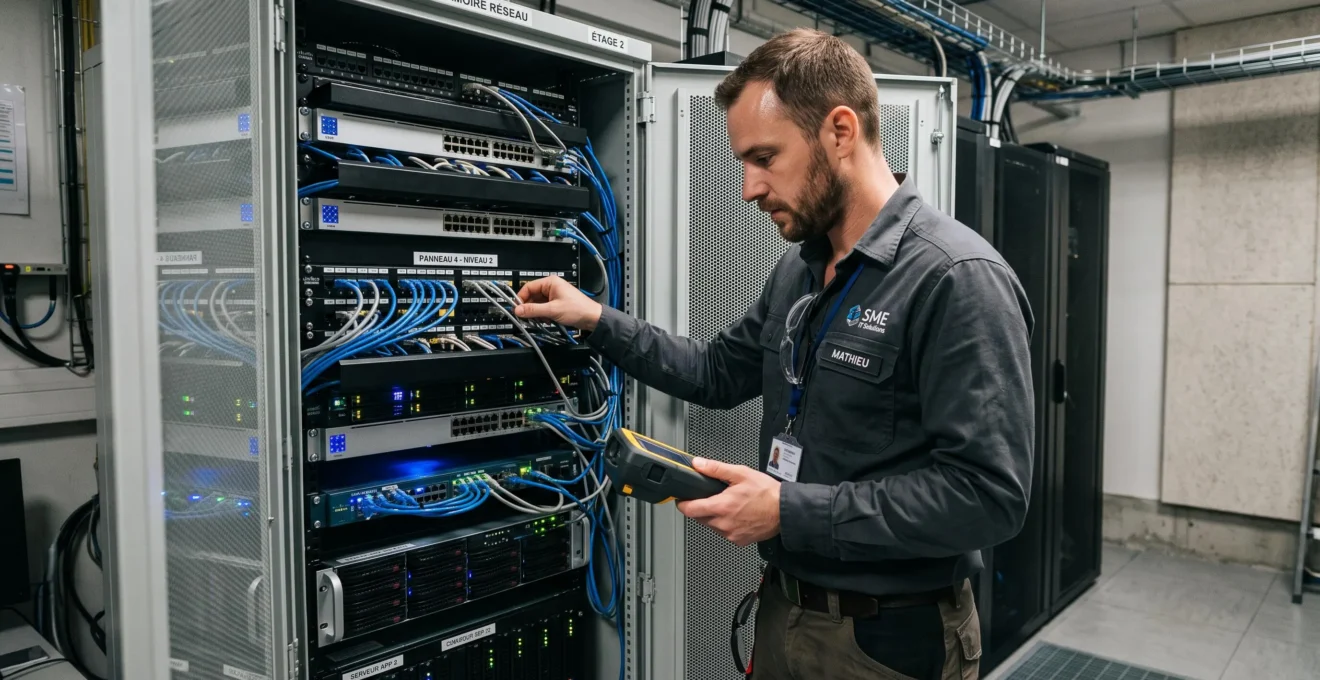 Technicien IT inspectant une baie de brassage réseau dans la salle technique d'une entreprise française